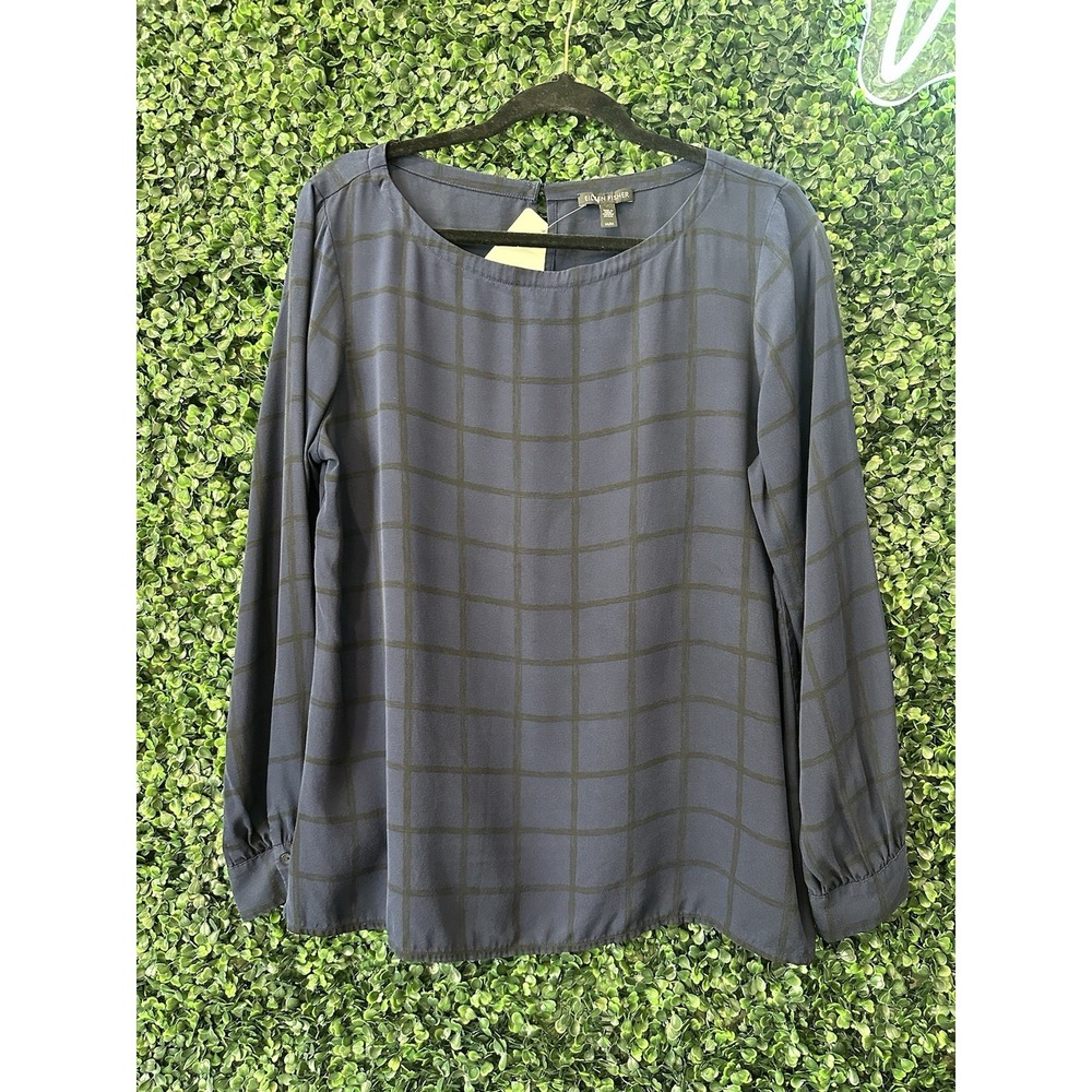 $248 EILEEN FISHER Women XS Midnight Drawn Plaid Silk Crepe Long Sleeve Top NEW